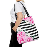 Tote Bag-Magenta Pink-Floral Bash-Black Horizontal Stripes-White