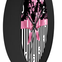 Wall clock-Glam Pink Bow-Pink Stencil-Black White Pinstripes