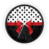 Wall Clock-Glam Red Bow-Black Polka Dots-Black Glitter