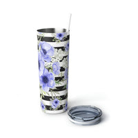 Skinny Tumbler, 20oz-Soft Blue Floral-Black Horizontal Stripes-White