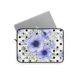 Laptop Sleeve-Soft Blue Floral-Black Polka Dots-White