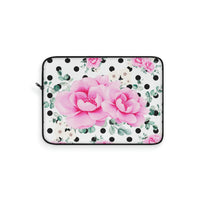 Laptop Sleeve-Magenta Pink Floral-Black Polka Dots-White