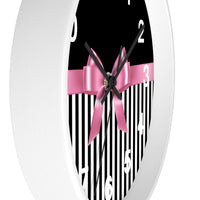 Wall Clock-Glam Pink Bow-Black White Pinstripes-Black