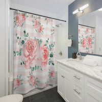 Shower Curtains-Lush Pink Floral-Pink White Stripes