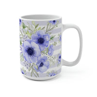 Coffee Mug 15oz-Soft Blue Floral-Soft Blue Horizontal Stripes-White