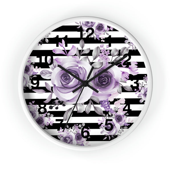 Wall Clock-Soft Purple Floral-Black Horizontal Stripes-White