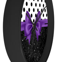 Wall Clock-Glam Purple Bow-Black Polka Dots-Black Glitter