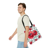 Tote Bag-Rouge Red Floral-Black Polka Dots-White