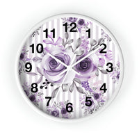 Wall Clock-Soft Purple Floral-Purple Pinstripes-White