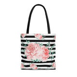 Tote Bag-Lush Pink Floral-Black Horizontal Stripes-White