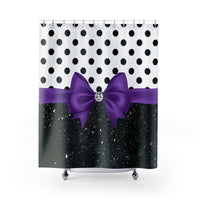 Shower Curtains-Glam Purple Bow-Black Polka Dots-Black Glitter