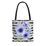 Tote Bag-Soft Blue Floral-Black Horizontal Stripes-White