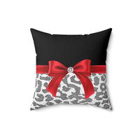 Square Pillow-Glam Red Bow-Grey Leopard-Black