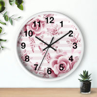 Wall Clock-Soft Pink Floral Mauve-Horizontal Stripes-White