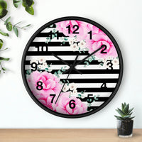 Wall Clock-Magenta Pink-Floral Bash-Black Horizontal Stripes-White