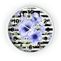 Wall Clock-Soft Blue Floral-Black Horizontal Stripes-White