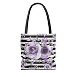 Tote Bag-Soft Purple Floral-Black Horizontal Stripes-White