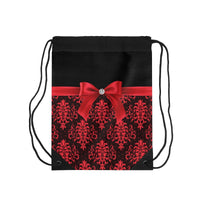 Drawstring Bag-Glam Red Bow-Red Lace-Black