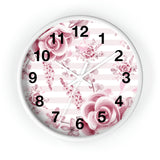 Wall Clock-Soft Pink Floral Mauve-Horizontal Stripes-White