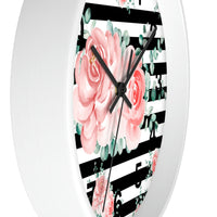 Wall Clock-Lush Pink Floral-Black Horizontal Stripes-White