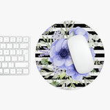 Mouse Pad-Soft Blue Floral-Black Horizontal Stripes-White