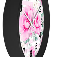 Wall Clock-Magenta Pink Floral-Pink Horizontal Stripes-White