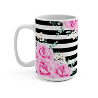 Coffee Mug 15oz-Magenta Pink-Floral Bash-Black Horizontal Stripes-White