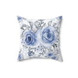 Square Pillow-Stormy Blue-Floral Stencil-White