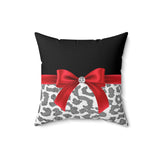 Square Pillow-Glam Red Bow-Grey Leopard-Black