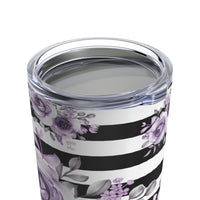 Tumbler 20oz-Soft Purple Floral-Black Horizontal Stripes-White