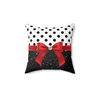 Square Pillow-Glam Red Bow-Black Polka Dots-Black Glitter