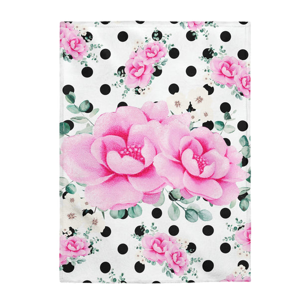 Velveteen Plush Blanket-Magenta Pink Floral-Black Polka Dots-White