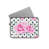 Laptop Sleeve-Magenta Pink Floral-Black Polka Dots-White