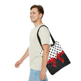 Tote Bag-Glam Red Bow-Black Polka Dots-Black Glitter