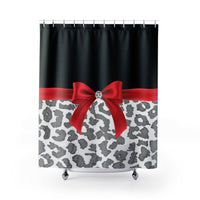 Shower Curtains-Glam Red Bow-Grey Leopard-Black