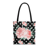 Tote Bag-Lush Pink Floral-White Polka Dots-Black