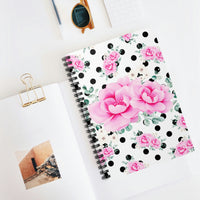 Small Spiral Notebook, 6x8in-Magenta Pink Floral-Black Polka Dots-White