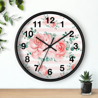 Wall Clock-Lush Pink Floral-Pink Horizontal Stripes-White