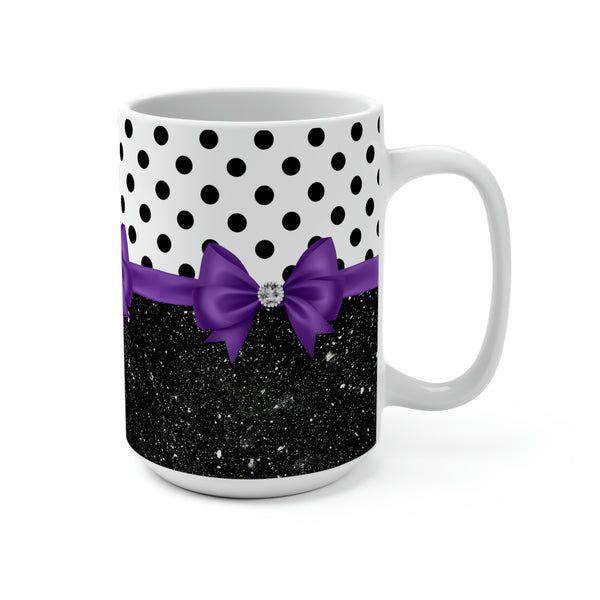 Coffee Mug 15oz-Glam Purple Bow-Black Polka Dots-Black Glitter