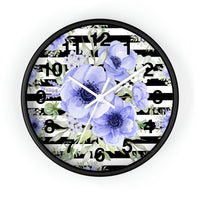 Wall Clock-Soft Blue Floral-Black Horizontal Stripes-White