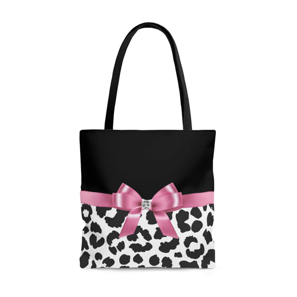 Tote Bag-Glam Pink Bow-Snow Leopard-Black