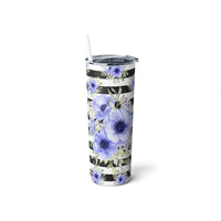 Skinny Tumbler, 20oz-Soft Blue Floral-Black Horizontal Stripes-White