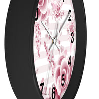 Wall Clock-Soft Pink Floral Mauve-Horizontal Stripes-White