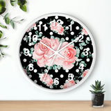 Wall Clock-Lush Pink Floral-White Polka Dots-Black