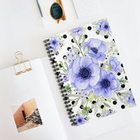 Small Spiral Notebook, 6x8in-Soft Blue Floral-Black Polka Dots-White