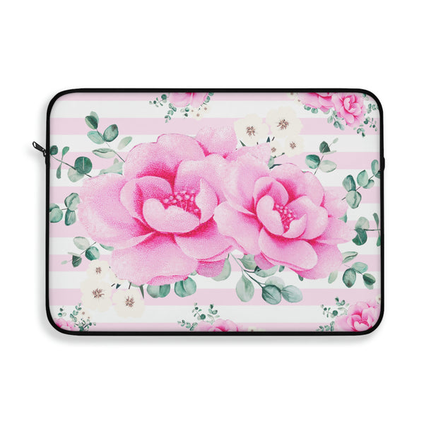 Laptop Sleeve-Magenta Pink Floral-Pink Horizontal Stripes-White