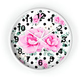 Wall Clock-Magenta Pink Floral-Black Polka Dots-White