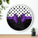 Wall Clock-Glam Purple Bow-Black Polka Dots-Black Glitter