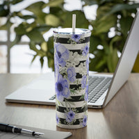 Skinny Tumbler, 20oz-Soft Blue Floral-Black Horizontal Stripes-White