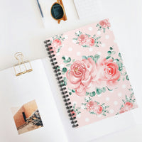 Small Spiral Notebook, 6x8in-Lush Pink Floral-White Polka Dots-Pink